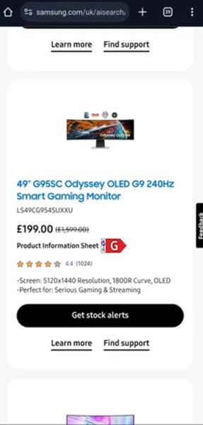 
Топовий монітор Samsung Odyssey OLED G9 продавався за £199 (зі знижкою £1400) — тіктокер каже, що встиг купити 